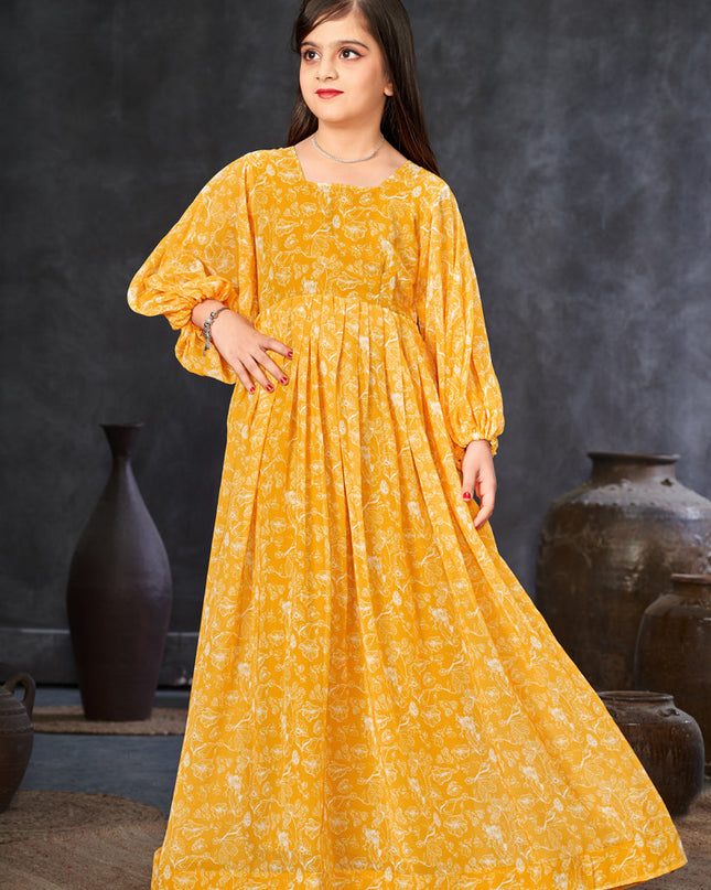 Sunny Yellow Georgette Printed Girls Gown