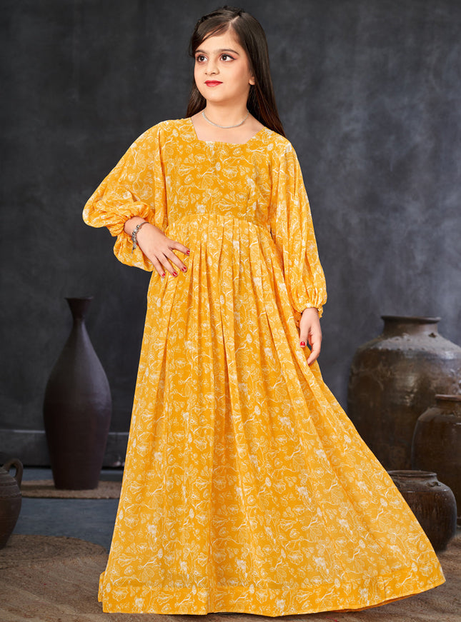 Sunny Yellow Georgette Printed Girls Gown