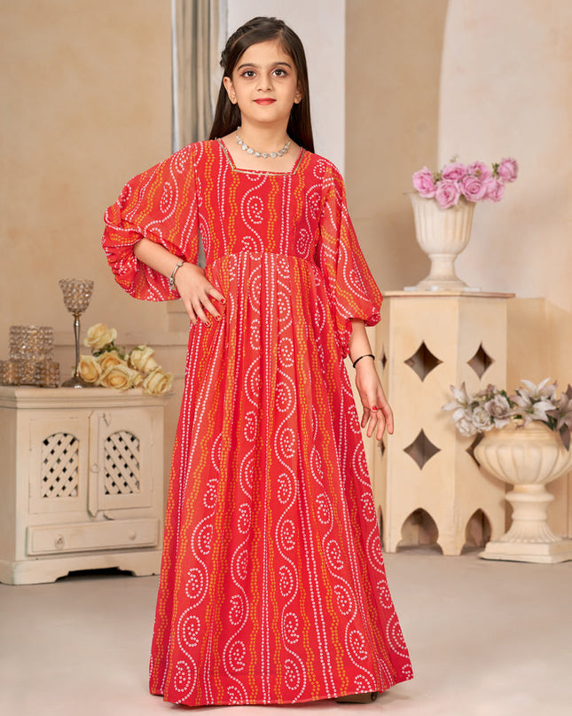 Coral Red Georgette Printed Girls Gown