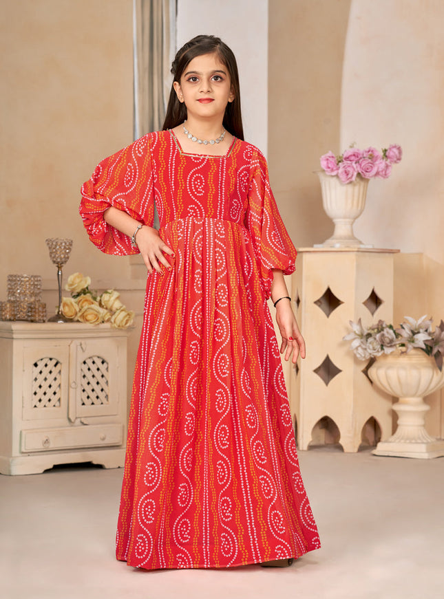 Coral Red Georgette Printed Girls Gown