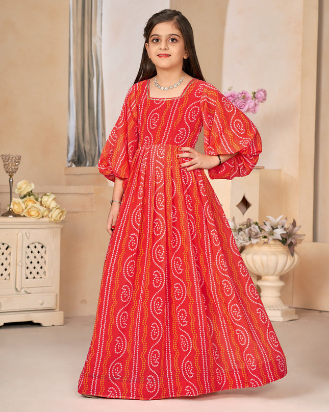 Coral Red Georgette Printed Girls Gown