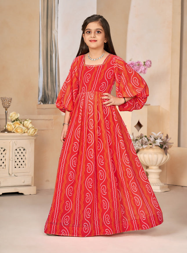 Coral Red Georgette Printed Girls Gown