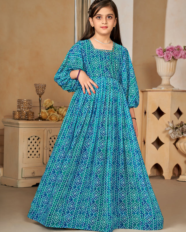 Firozi Georgette Printed Girls Gown