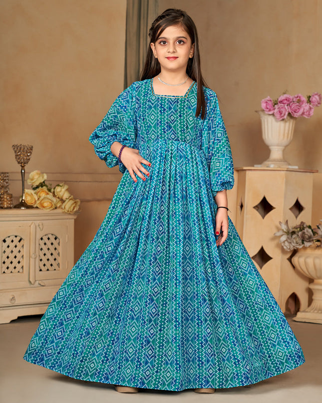 Firozi Georgette Printed Girls Gown