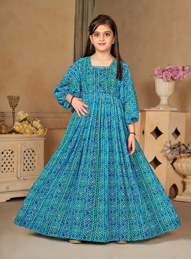 Firozi Georgette Printed Girls Gown