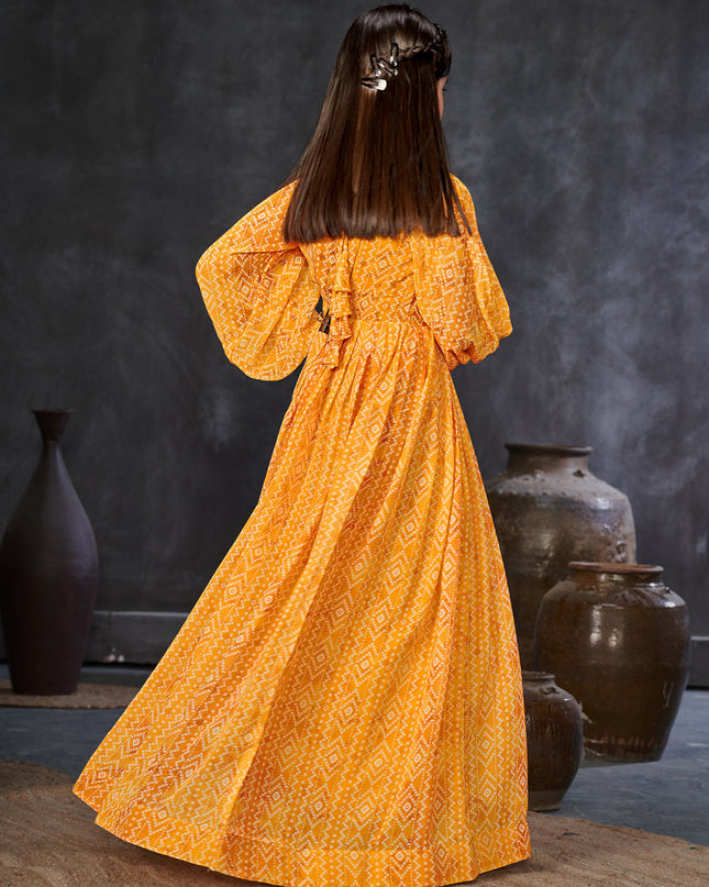 Mustard Georgette Printed Girls Gown