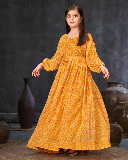 Mustard Georgette Printed Girls Gown