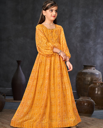 Mustard Georgette Printed Girls Gown