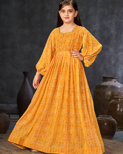 Mustard Georgette Printed Girls Gown