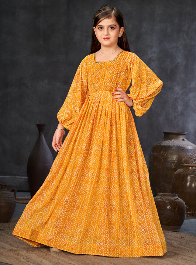 Mustard Georgette Printed Girls Gown