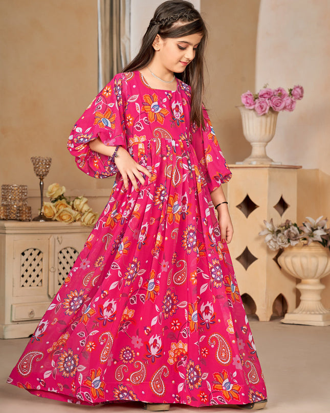 Rani Pink Georgette Printed Girls Gown