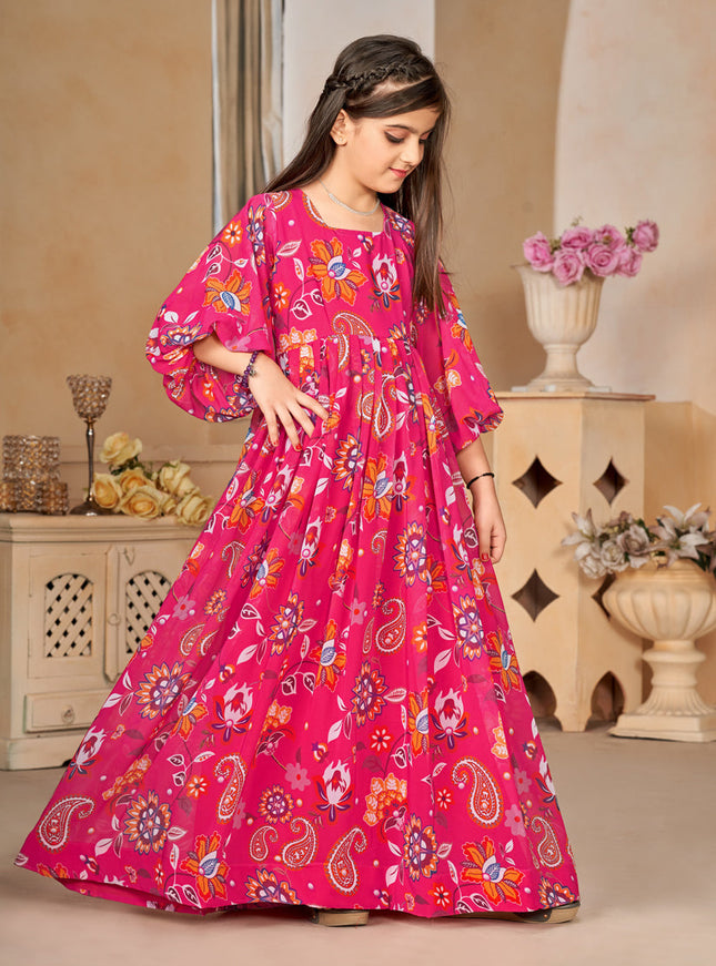 Rani Pink Georgette Printed Girls Gown