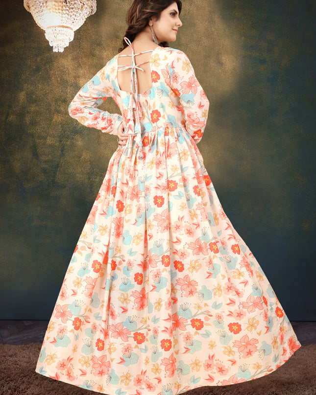 Cream Muslin Digital Printed Gown