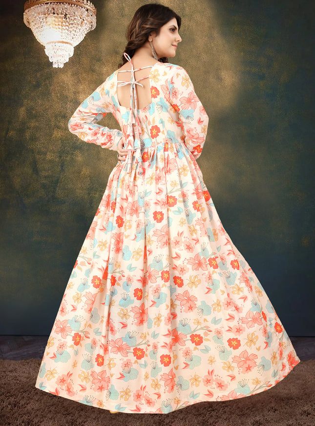 Cream Muslin Digital Printed Gown
