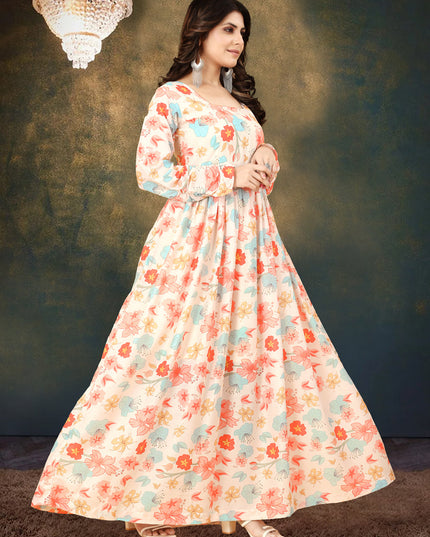 Cream Muslin Digital Printed Gown