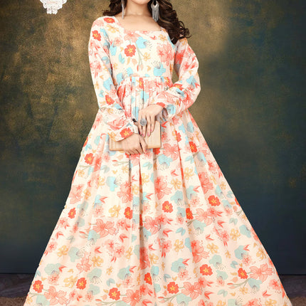 Cream Muslin Digital Printed Gown