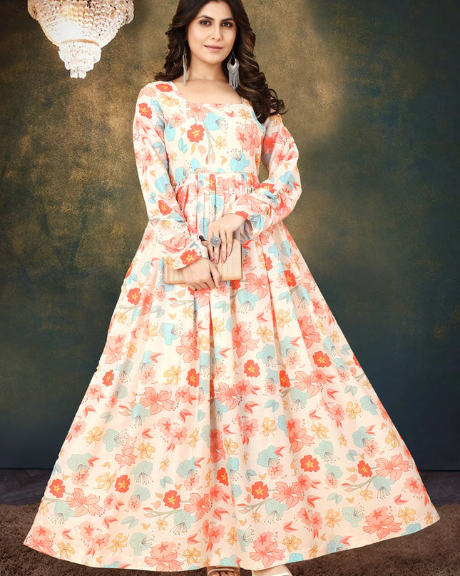 Cream Muslin Digital Printed Gown