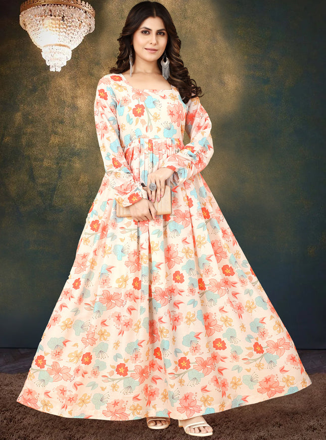 Cream Muslin Digital Printed Gown