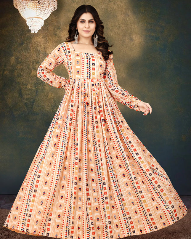 Cream Muslin Digital Printed Gown