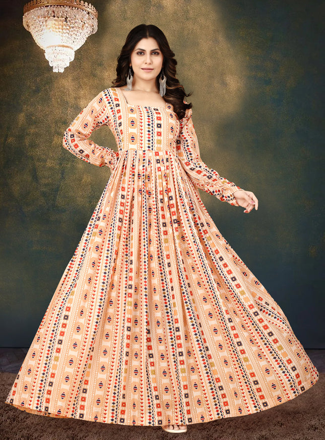 Cream Muslin Digital Printed Gown