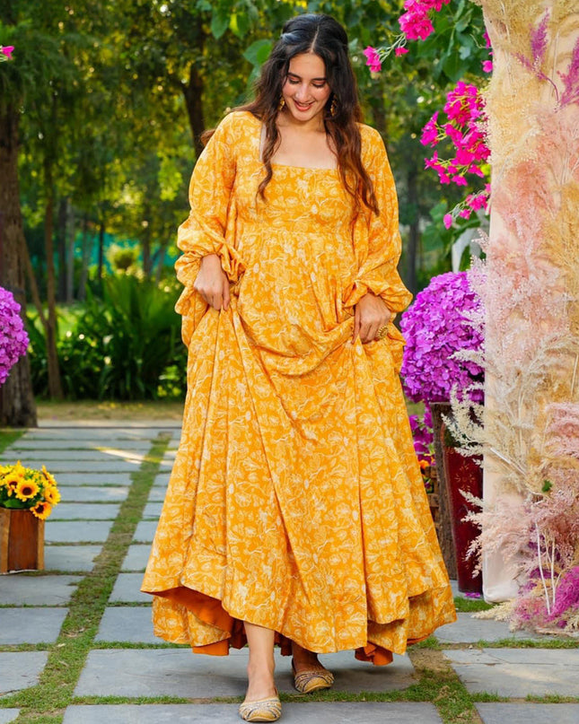 Golden Yellow Heavy Georgette Digital Printed Gown