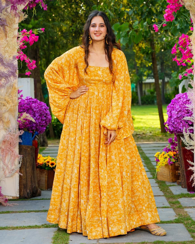 Golden Yellow Heavy Georgette Digital Printed Gown