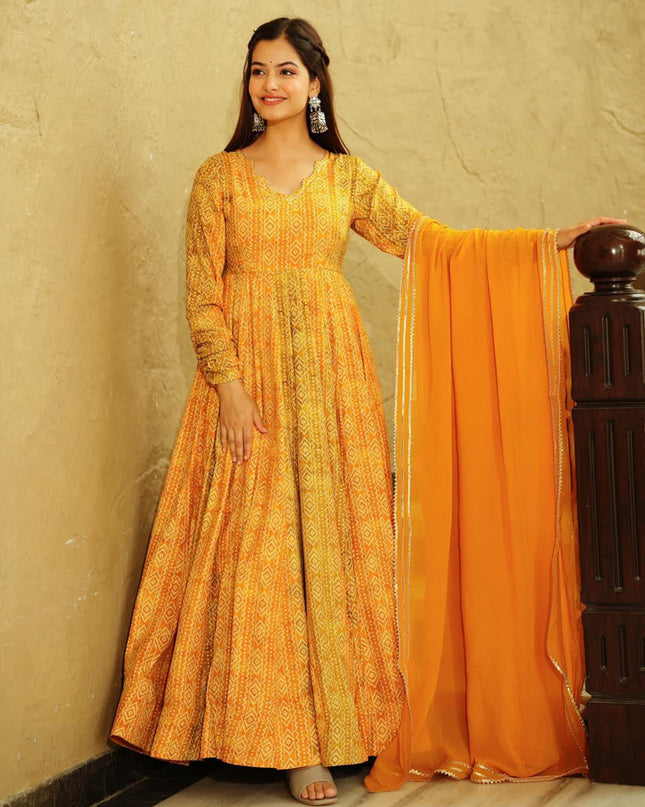 Mustard Yellow Heavy Georgette Digital Printed Gown