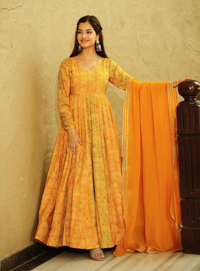 Mustard Yellow Heavy Georgette Digital Printed Gown