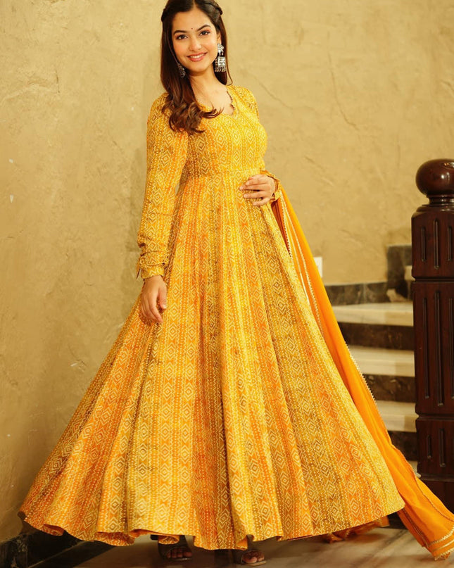 Mustard Yellow Heavy Georgette Digital Printed Gown