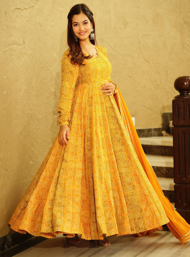 Mustard Yellow Heavy Georgette Digital Printed Gown