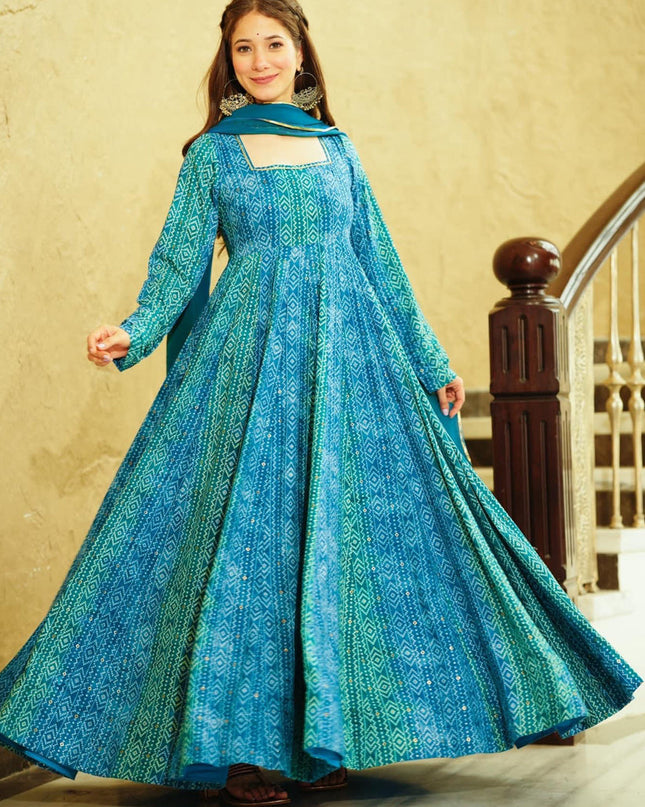 Azure Blue Heavy Georgette Digital Printed Gown