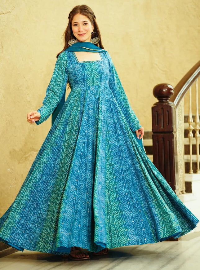 Azure Blue Heavy Georgette Digital Printed Gown