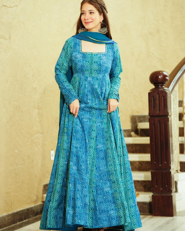 Azure Blue Heavy Georgette Digital Printed Gown
