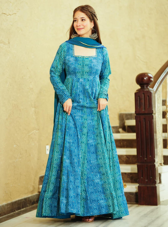 Azure Blue Heavy Georgette Digital Printed Gown