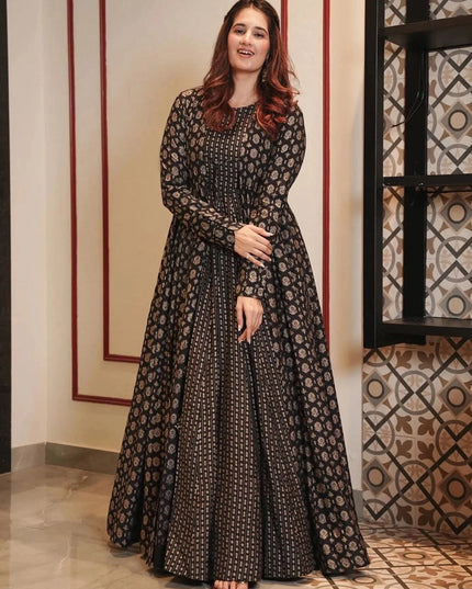 Black Faux Georgette Gown with Muslin Shrug