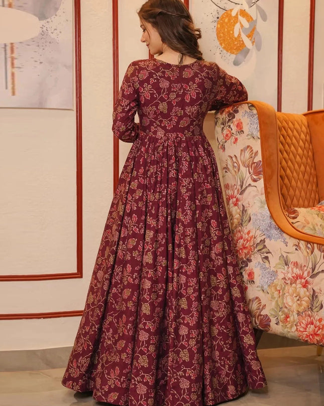 Maroon Faux Georgette Gown with Muslin Shrug