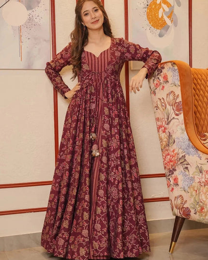 Maroon Faux Georgette Gown with Muslin Shrug