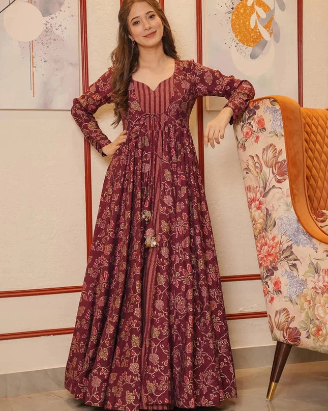 Maroon Faux Georgette Gown with Muslin Shrug