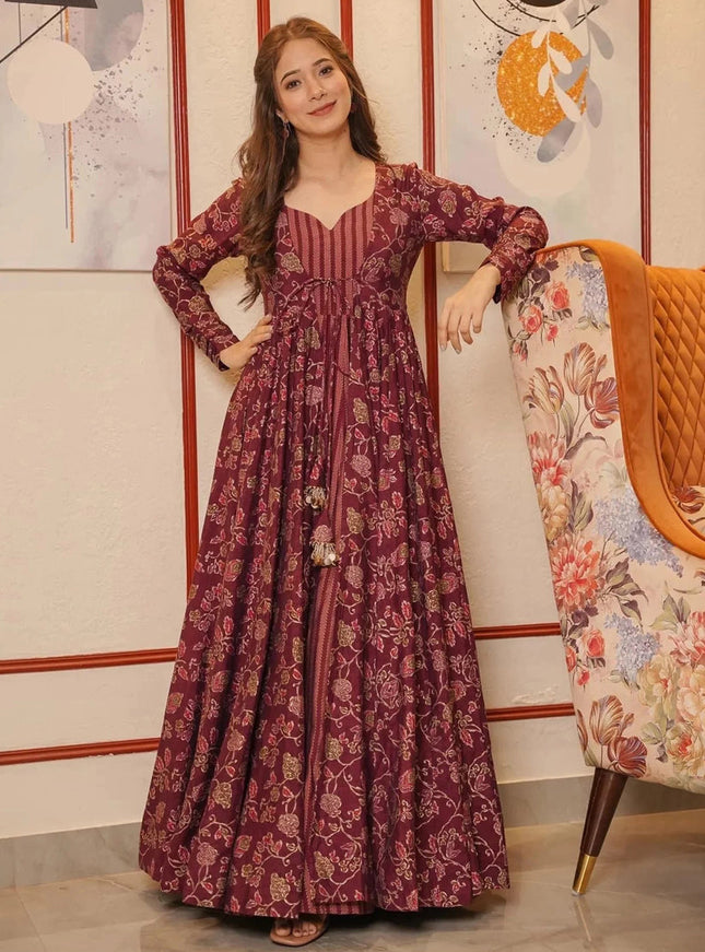 Maroon Faux Georgette Gown with Muslin Shrug