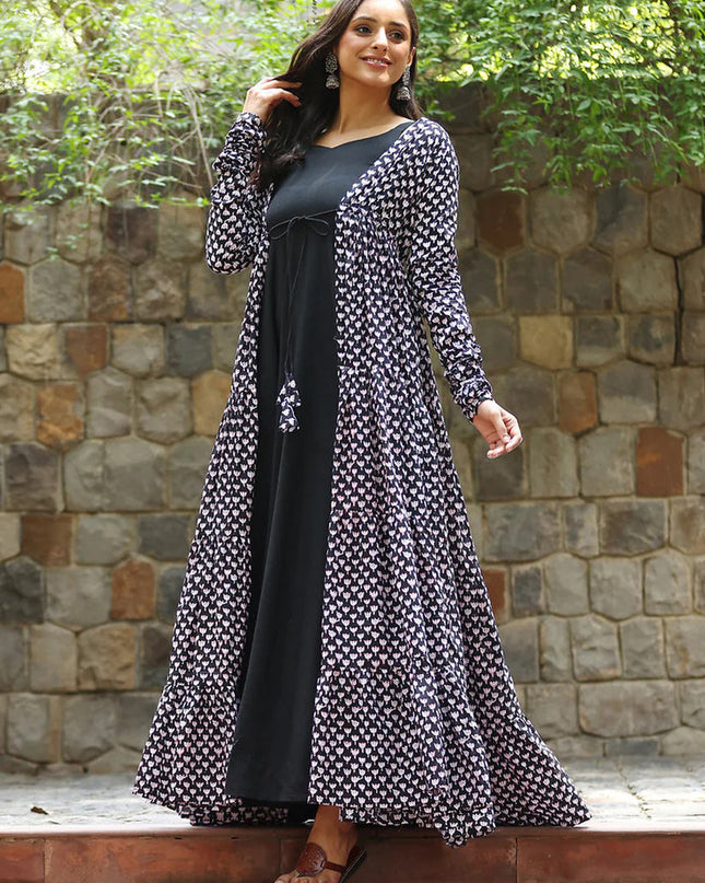 Black Faux Georgette Gown with Muslin Shrug