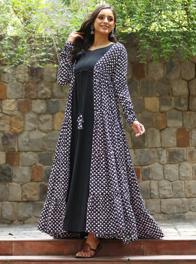 Black Faux Georgette Gown with Muslin Shrug