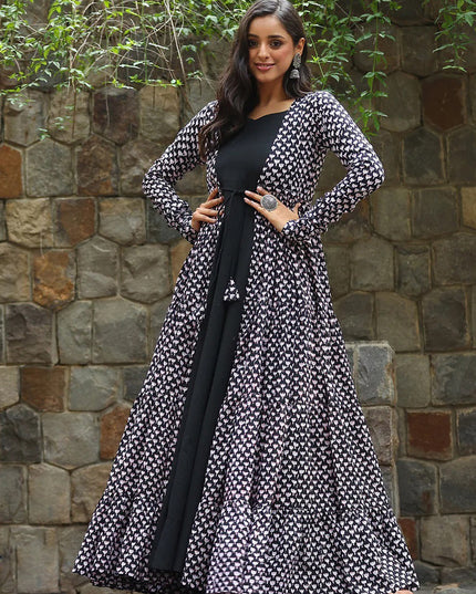 Black Faux Georgette Gown with Muslin Shrug