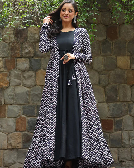 Black Faux Georgette Gown with Muslin Shrug