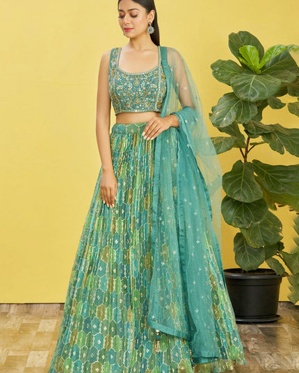 Mint Green Organza Designer Lehenga Choli Set