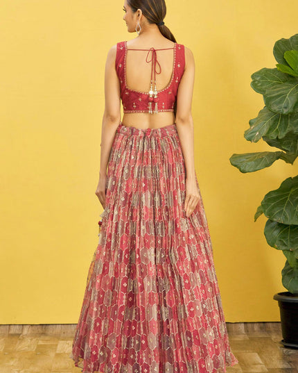 Coral Red Organza Designer Lehenga Choli Set