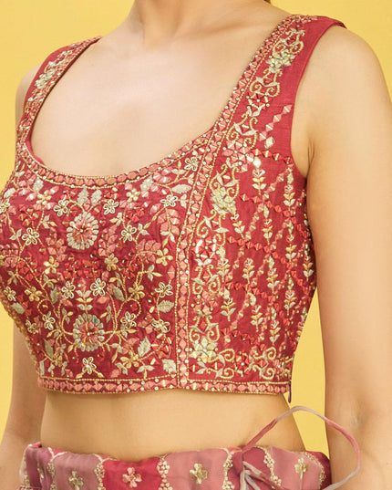 Coral Red Organza Designer Lehenga Choli Set