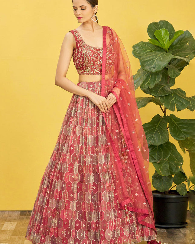 Coral Red Organza Designer Lehenga Choli Set
