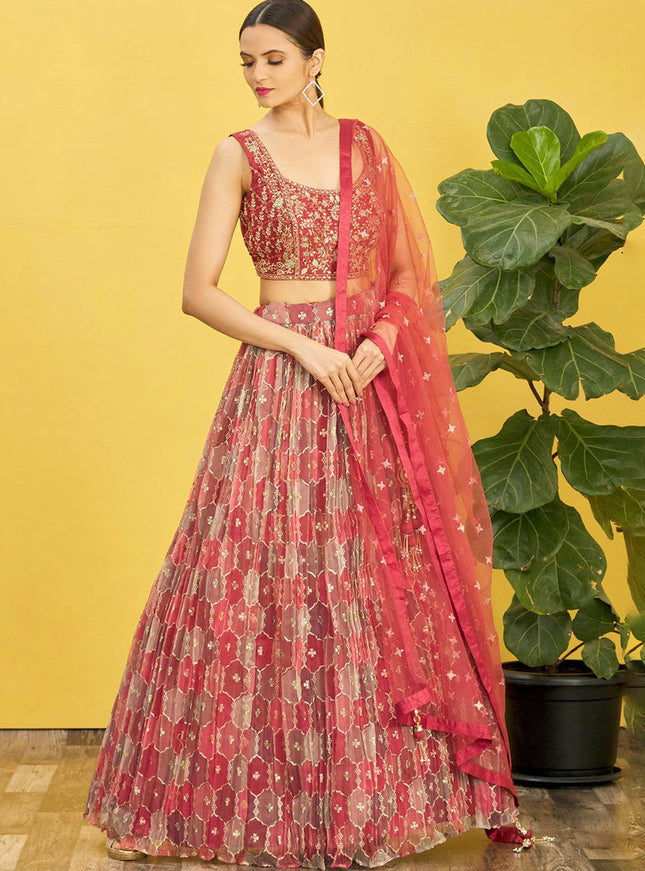 Coral Red Organza Designer Lehenga Choli Set
