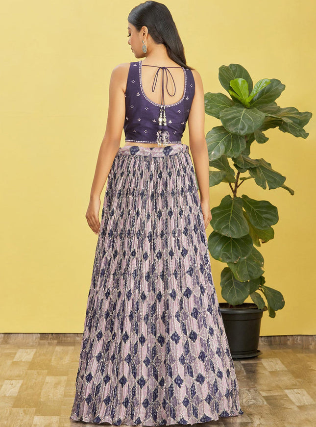 Navy Blue Chinnon Designer Lehenga Choli Set