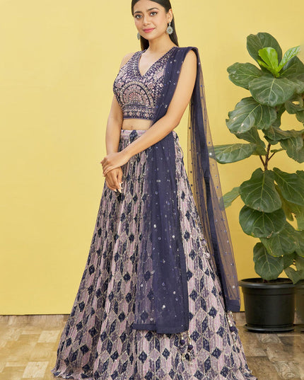 Navy Blue Chinnon Designer Lehenga Choli Set